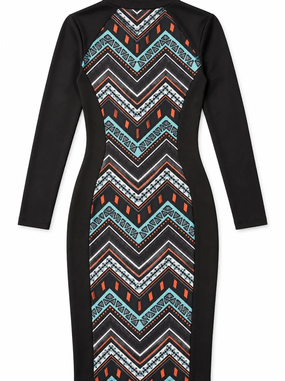 Ambiance Black Long-Sleeve Sheath Dress with Teal and Orange Chevron Panel